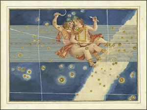 Astronomy. The celestial atlas, the Uranometria, Ptolemaic constellations, by Johann Bayer (1572 - 7 March 1625), German astronomer, Gemini, Gemini, constellation of the ecliptic, digitally enhanced reproduction of a historical model