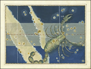 Astronomy. The celestial atlas, the Uranometria, Ptolemaic constellations, by Johann Bayer (1572 - 7 March 1625), German astronomer, Scorpio, Scorpion, is a constellation of the ecliptic, digitally enhanced reproduction of a historical model