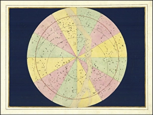 Astronomy. The celestial atlas, the Uranometria, Ptolemaic constellations, by Johann Bayer (1572 - 7 March 1625), German astronomer, Synopsis Coeli Superioris, hemisphere, digitally enhanced reproduction of a historical model
