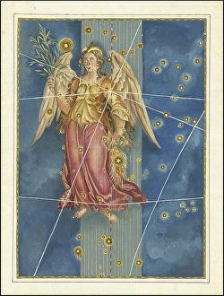 Astronomy. The celestial atlas, the Uranometria, Ptolemaic constellations, by Johann Bayer (1572 - 7 March 1625), German astronomer, Virgo, Virgo, constellation on the ecliptic, digitally enhanced reproduction of a historical model