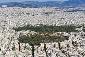 Athens Greece - April 27, 2016: Famous view from Lycabettus hill to modern city with Acropolis ans sea at background