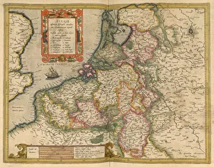 Atlas, map from 1623, Belgium, digitally restored reproduction from an engraving by Gerhard Mercator