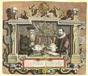 Atlas, map from 1623, cartographers Mercator and Hondius with globe