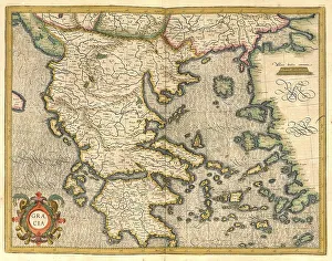 Atlas, map from 1623, Greece, digitally restored reproduction from an engraving by Gerhard Mercator
