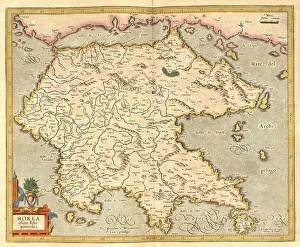 Atlas, map from 1623, Morea, Greece