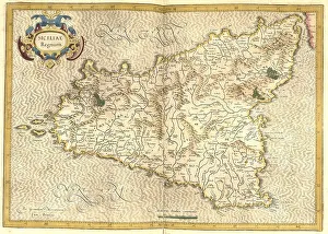 Atlas, map from 1623, Sicily, Italy