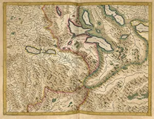 Atlas, map from 1623, Switzerland with Lake Lucerne and Lake Thun