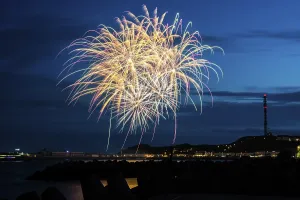 Atmospheric, splendid, intense fireworks with many illuminated sheaves for the Heligoland island festival