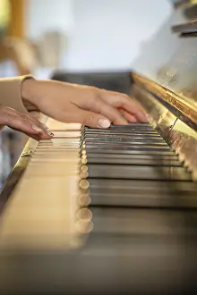 Attractive female hands on a piano in warm light
