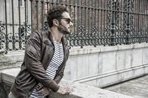 Attractive man outdoor wearing leather jacket