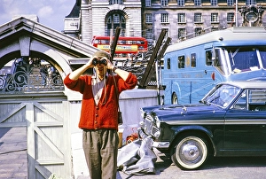 ATV outside broadcast, Telstar TV satellite launch, Westminster Bridge, London, England, United Kingdom, July 1962 Rigger Phil Comber with binoculars. Photo by Alan Taffy Harries, Europe
