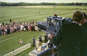 ATV television ITV company outside broadcast camera and cameraman at polo ground sporting event, UK 1960s thought to be Smith's Lawn, Windsor Great Park