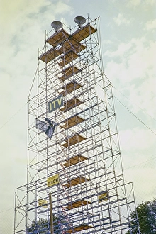 ATV television ITV outside broadcast, tennis tournament in Wimbledon, England, UK 1967 Scaffolding platform for cameras