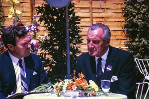 ATV television ITV outside broadcast, tennis tournament in Wimbledon, England, United Kingdom 1967 Dickie Davies with tennis player Fred Perry, photo by Alan Taffy Harries