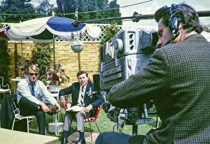 ATV Television ITV outside broadcast, tennis tournament at Wimbledon, England, UK 1967 Dickie Davies with Australian tennis player Lew Hoad cameraman Jeff Joyce. Photo by Alan Taffy Harries