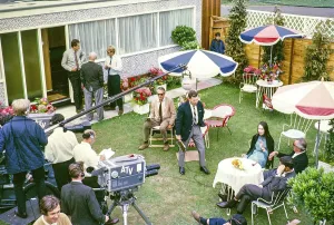 ATV Television ITV outside broadcast, tennis tournament at Wimbledon, England, United Kingdom 1967 Presenter Dickie Davies interview case with camera crew. Photo by Alan Taffy Harries