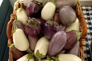 Aubergines or eggplants (Solanum melongena) in a basket