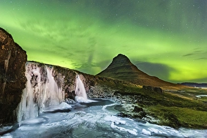 Aurora Borealis, Kirkjufellsfoss with Mount Kirjufell