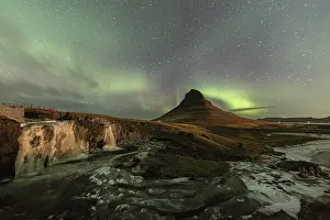 Aurora Borealis, Kirkjufellsfoss with Mount Kirjufell