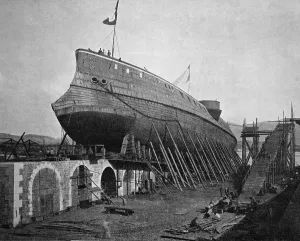 Autotype of the launch of the Le Chantier du Marceau warship in Seyne-sur-Mer