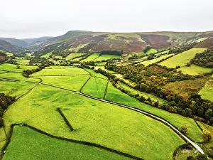Autumn colours of Farms over River Wye and Road A470 from a drone