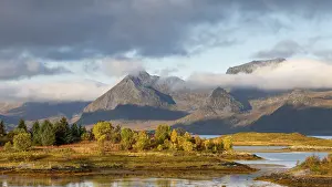 Autumn landscape, fjords with mountains in the background