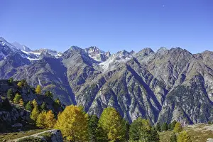 Framed Print : Autumn trees and mountain peaks under clear sky