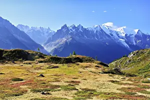Framed Print : Autumnal landscape with snow-covered Mont Blanc massif in the background Framed Print : Autumnal landscape with snow-covered Mont Blanc massif in the background