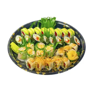 Take away selection of fresh sushi express on plastic tray