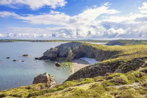 Awesome view at a rocky coastline with a sea bay and heath landscape a sunny summer day