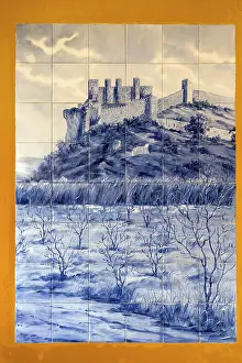 Azelejos, painted tiles with the city motif of the city wall and Obidos Castle