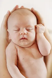 Baby girl, 3 months, being held by hands, portrait