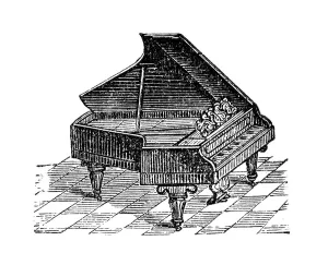 Baby grand piano, historical illustration from: Marie Adenfeller