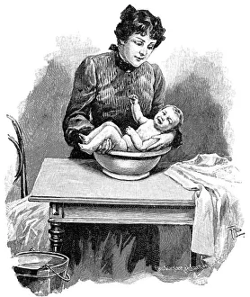 Baby having a sitz bath, historical illustration from: Anna Fischer Dueckelmann
