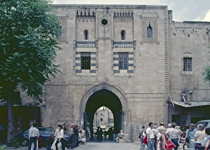 Back, entrance portal, Khan al-Wazir Historical Trade Centre, Aleppo, Syria, May 1987, vintage, retro, old, historical, Asia