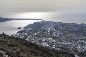 Backlit view of Oia, Santorini, Cyclades, Greece