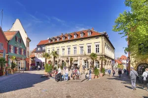 Bad Duerkheim, Germany, April 2021: Town square called roemerplatz in historic city center of spa town on sunny day