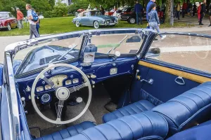BADEN BADEN, Germany - JULY 2019: blue leather interior of BMW 501 502 luxury saloon convertible roadster 1952 1964