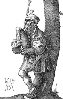 Bagpipe, bagpiper, copperplate engraving by Albrecht Duerer
