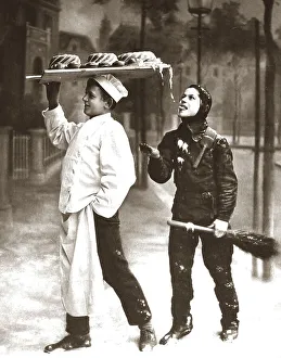 Baker with chimney sweep nibbling cake