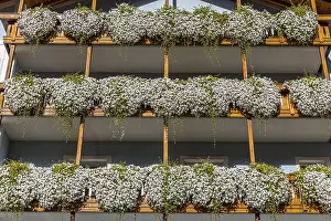 Balconies decorated with flowers in the centre of Ortisei