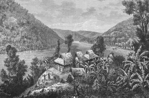Banana plants in Cambodia, riverside, mountain landscape, plantation, tropical climate, workers, thatched houses, travelling in Southeast Asia, historical illustration 1887