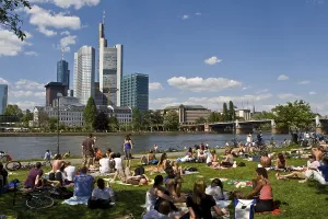 Bank of the River Main with people out in the sun