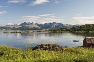 Category Scandinavia Prints: Banks of the Fjord near Bodo, Borvasstindan mountain range at back
