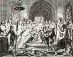 Baptism of Clovis by Saint Remigius, cathedral of Reims, 496, Clovis, Chlodovechus, Chlodwig I. Chlodowech, 466-511, King of the Franks of the Merovingian dynasty