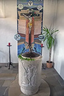 Category Historic EN Prints: Baptismal font with crucifix, St Mary is the Catholic parish church