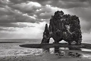 Basalt rock Hvitserkur, famous Elephant Rock on lava beach