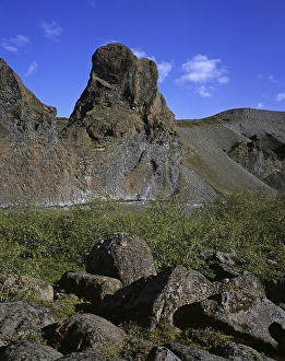 Category Mountain Landscapes Prints: Basaltformationen Hljodaklettar and the river Joekulsa a Fjoellum