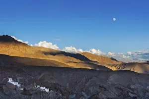 Basgo Gompa (Tibetan Buddhist monastery) and Himalayan landscape on sunset and moonrise