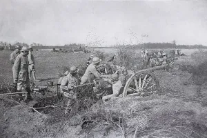 Battery of 75 ready to fire, 1917, France, Europe